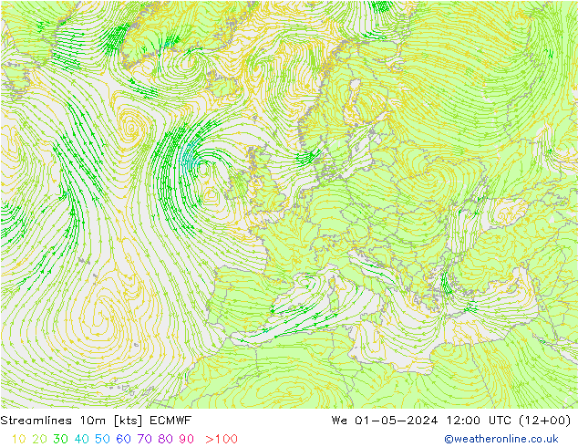 Streamlines 10m ECMWF St 01.05.2024 12 UTC