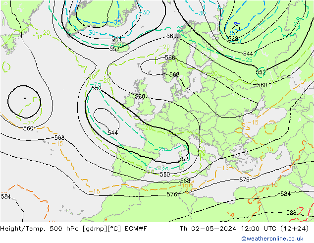 Height/Temp. 500 hPa ECMWF Do 02.05.2024 12 UTC