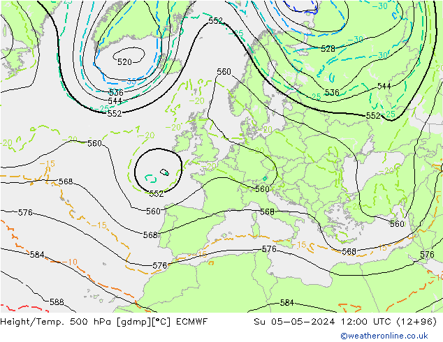 Z500/Rain (+SLP)/Z850 ECMWF So 05.05.2024 12 UTC