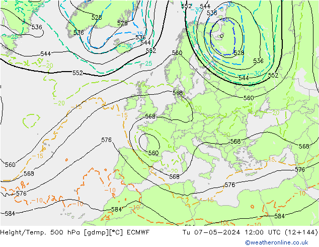 Height/Temp. 500 hPa ECMWF Di 07.05.2024 12 UTC