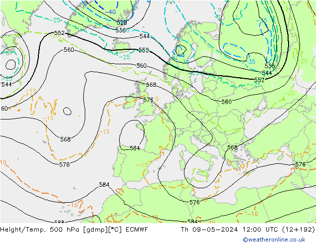 Z500/Rain (+SLP)/Z850 ECMWF Do 09.05.2024 12 UTC