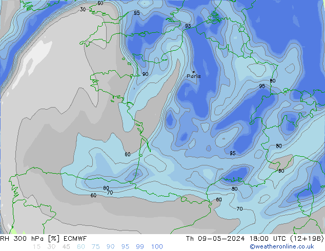 RH 300 hPa ECMWF Th 09.05.2024 18 UTC