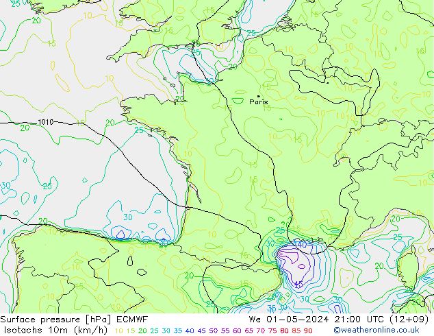 Isotaca (kph) ECMWF mié 01.05.2024 21 UTC