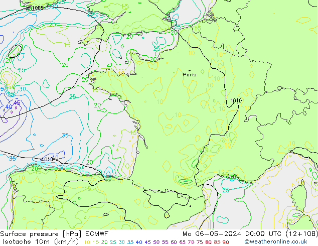 Isotachs (kph) ECMWF lun 06.05.2024 00 UTC
