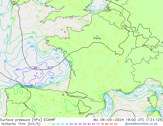 Isotachs (kph) ECMWF пн 06.05.2024 18 UTC