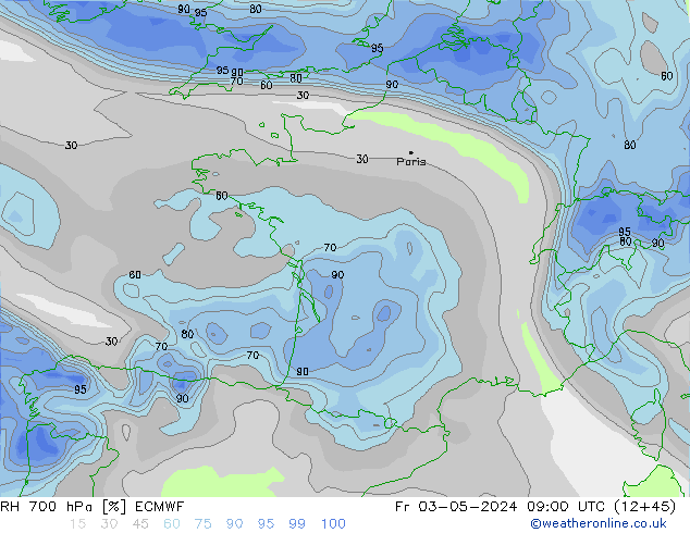 Humedad rel. 700hPa ECMWF vie 03.05.2024 09 UTC