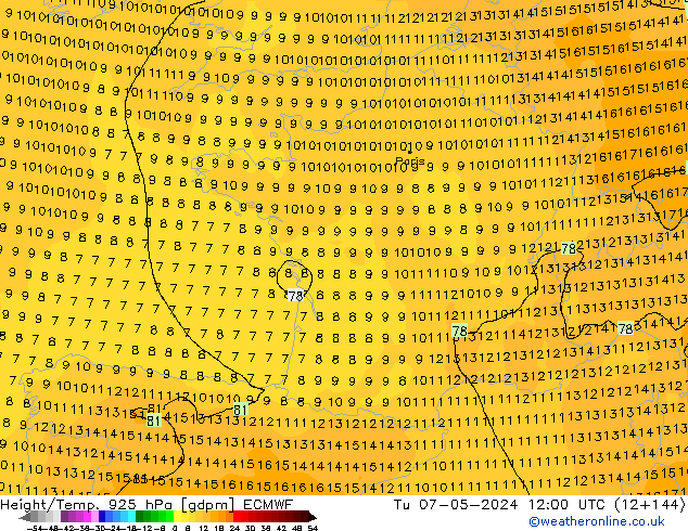 Height/Temp. 925 hPa ECMWF  07.05.2024 12 UTC