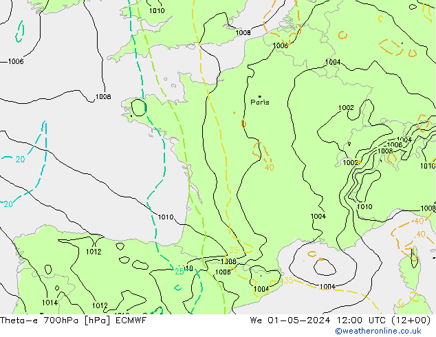 Theta-e 700hPa ECMWF wo 01.05.2024 12 UTC