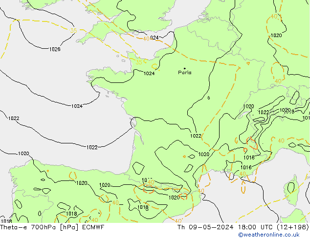 Theta-e 700hPa ECMWF jeu 09.05.2024 18 UTC