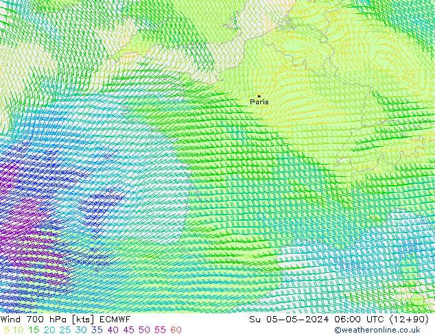 Vento 700 hPa ECMWF dom 05.05.2024 06 UTC