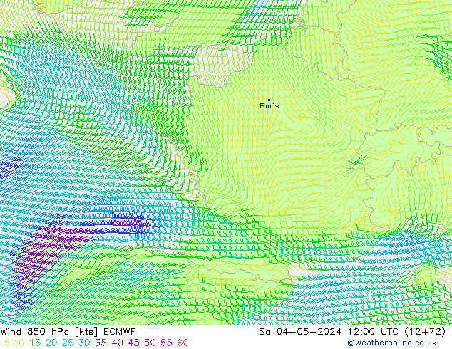 Vento 850 hPa ECMWF Sáb 04.05.2024 12 UTC