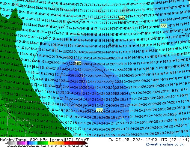 Z500/Rain (+SLP)/Z850 ECMWF mar 07.05.2024 12 UTC