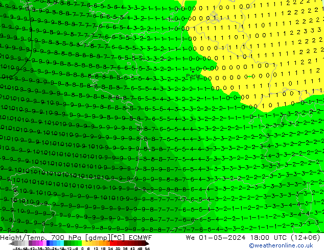 Height/Temp. 700 hPa ECMWF mer 01.05.2024 18 UTC