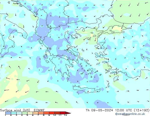 Surface wind (bft) ECMWF Th 09.05.2024 12 UTC