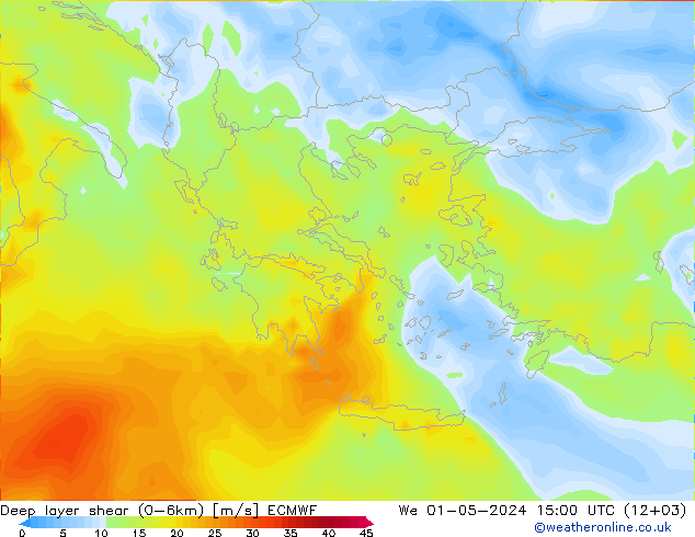 Deep layer shear (0-6km) ECMWF śro. 01.05.2024 15 UTC