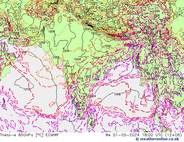 Theta-e 850hPa ECMWF mer 01.05.2024 18 UTC