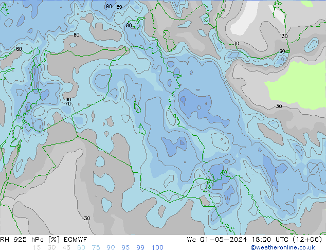 RH 925 hPa ECMWF mer 01.05.2024 18 UTC