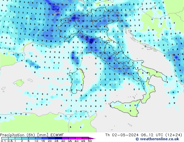 Z500/Rain (+SLP)/Z850 ECMWF Čt 02.05.2024 12 UTC