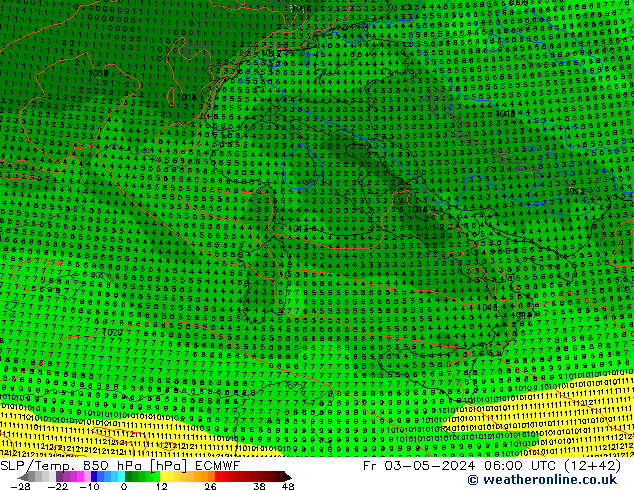 SLP/Temp. 850 гПа ECMWF пт 03.05.2024 06 UTC