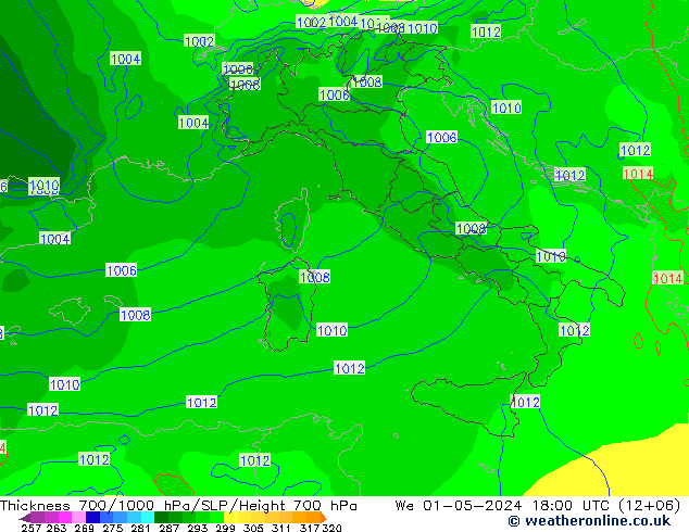 Espesor 700-1000 hPa ECMWF mié 01.05.2024 18 UTC