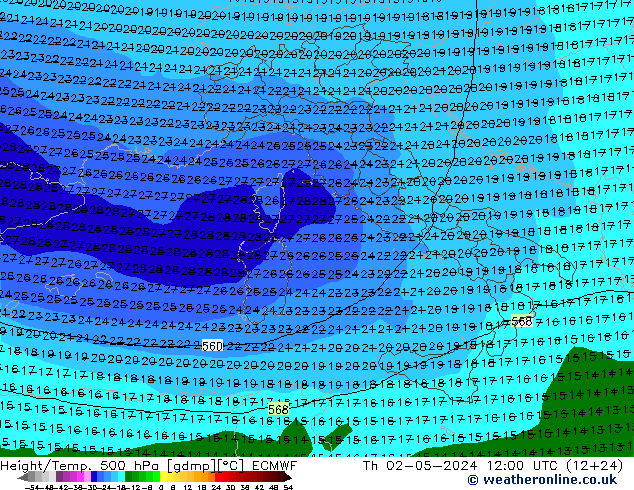 Z500/Rain (+SLP)/Z850 ECMWF Čt 02.05.2024 12 UTC