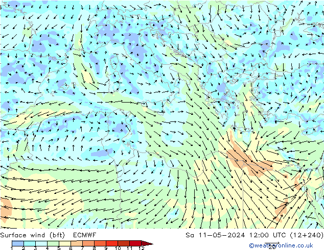 Surface wind (bft) ECMWF Sa 11.05.2024 12 UTC