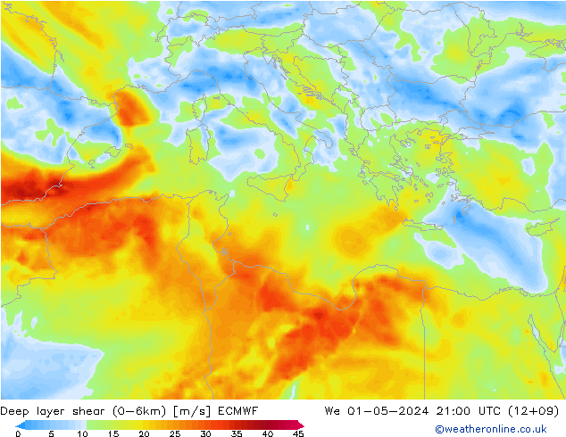 Deep layer shear (0-6km) ECMWF We 01.05.2024 21 UTC