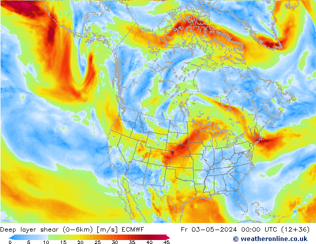 Deep layer shear (0-6km) ECMWF Cu 03.05.2024 00 UTC