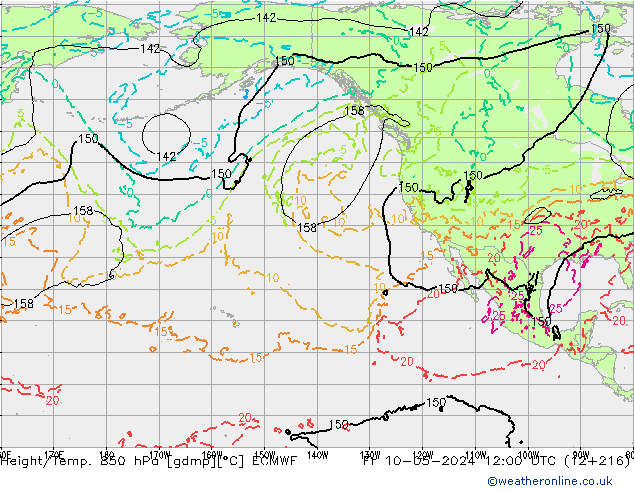 Hoogte/Temp. 850 hPa ECMWF vr 10.05.2024 12 UTC