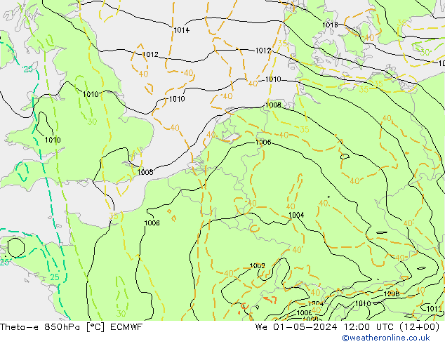 Theta-e 850hPa ECMWF mer 01.05.2024 12 UTC