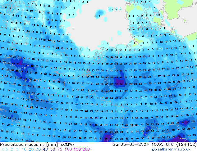 Precipitation accum. ECMWF dom 05.05.2024 18 UTC