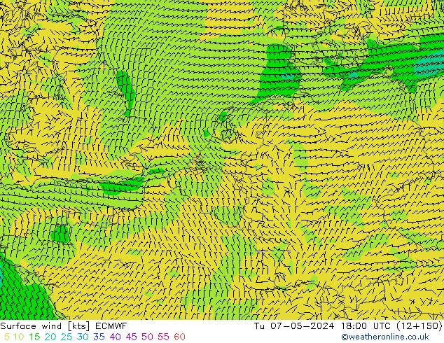 Surface wind ECMWF Út 07.05.2024 18 UTC