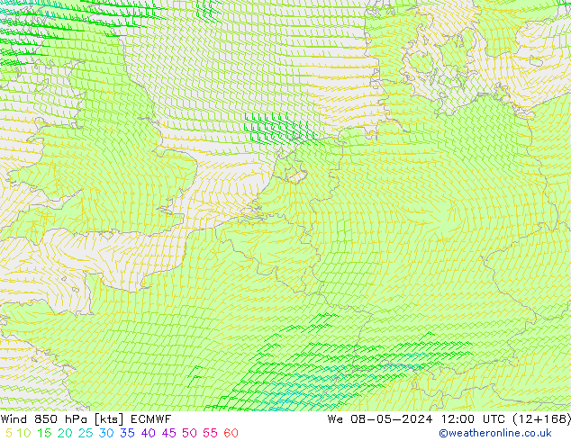 wiatr 850 hPa ECMWF śro. 08.05.2024 12 UTC