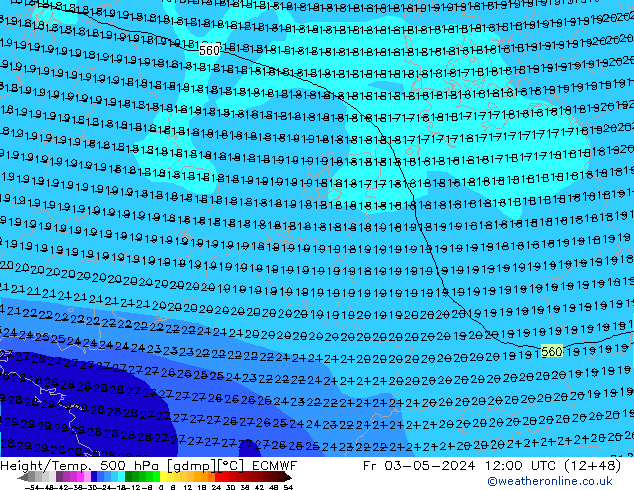 Z500/Rain (+SLP)/Z850 ECMWF Fr 03.05.2024 12 UTC