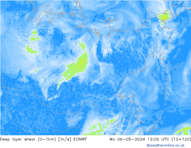 Deep layer shear (0-1km) ECMWF Mo 06.05.2024 12 UTC