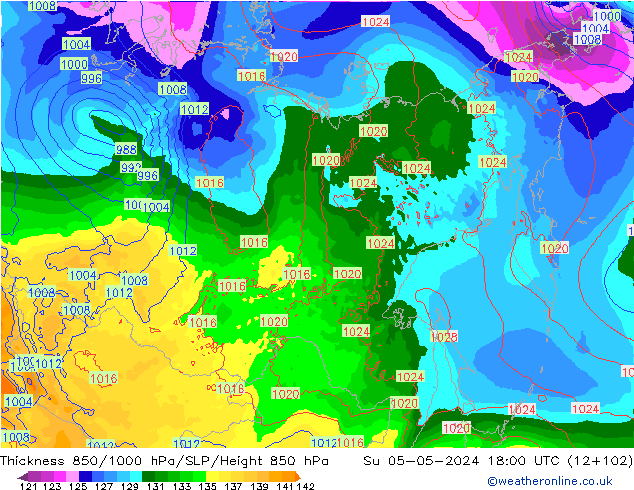 Thck 850-1000 hPa ECMWF nie. 05.05.2024 18 UTC