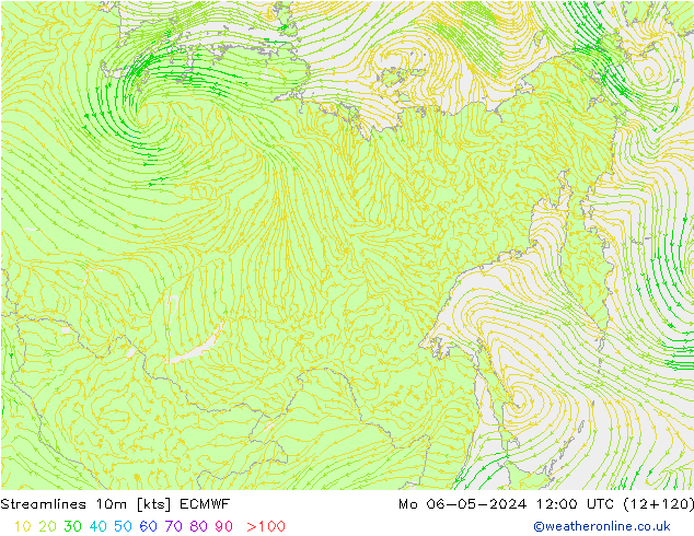 Streamlines 10m ECMWF Mo 06.05.2024 12 UTC