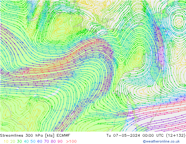 Linia prądu 300 hPa ECMWF wto. 07.05.2024 00 UTC