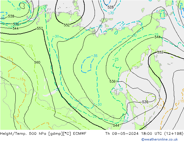 Height/Temp. 500 hPa ECMWF Th 09.05.2024 18 UTC