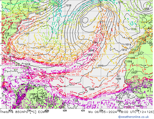 Theta-e 850hPa ECMWF pon. 06.05.2024 18 UTC