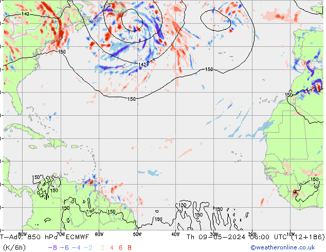 T-Adv. 850 hPa ECMWF gio 09.05.2024 06 UTC