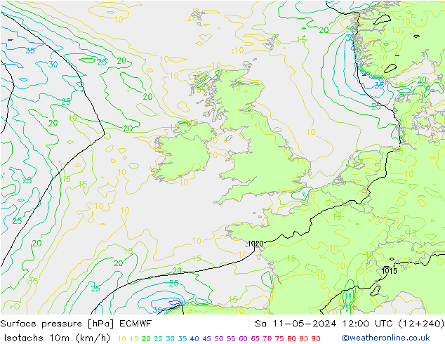 Isotachs (kph) ECMWF Sa 11.05.2024 12 UTC