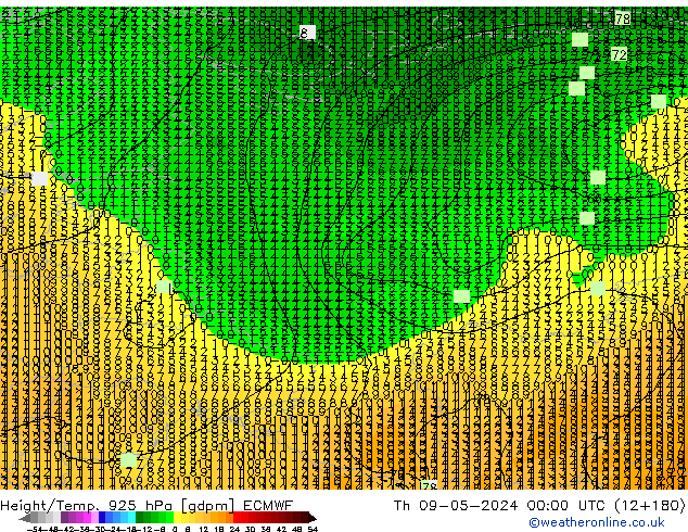 Yükseklik/Sıc. 925 hPa ECMWF Per 09.05.2024 00 UTC