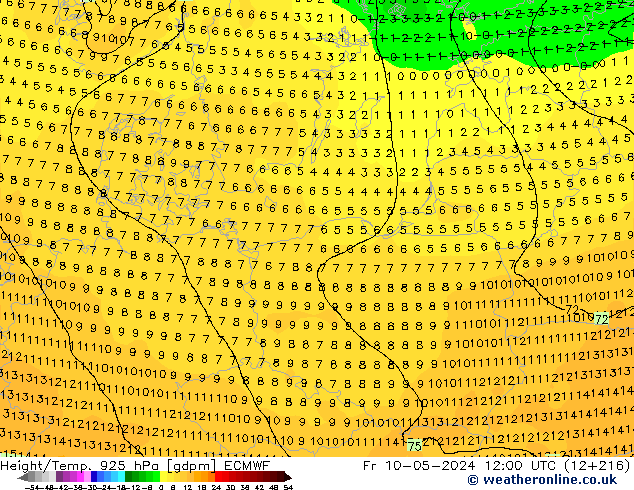 Height/Temp. 925 hPa ECMWF Sex 10.05.2024 12 UTC