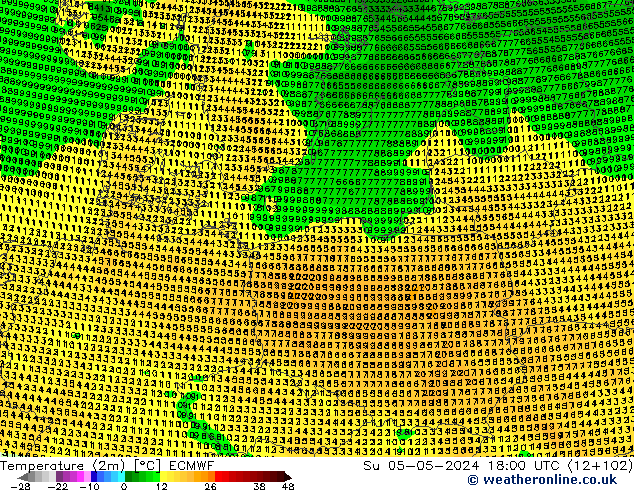 Temperatuurkaart (2m) ECMWF zo 05.05.2024 18 UTC