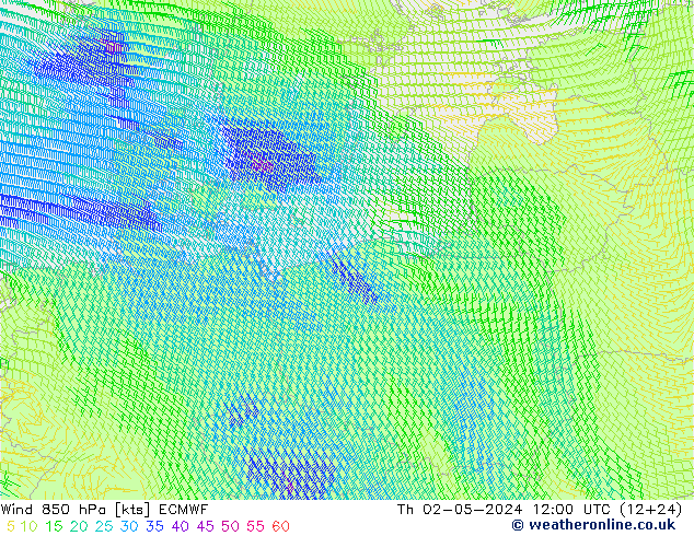 wiatr 850 hPa ECMWF czw. 02.05.2024 12 UTC