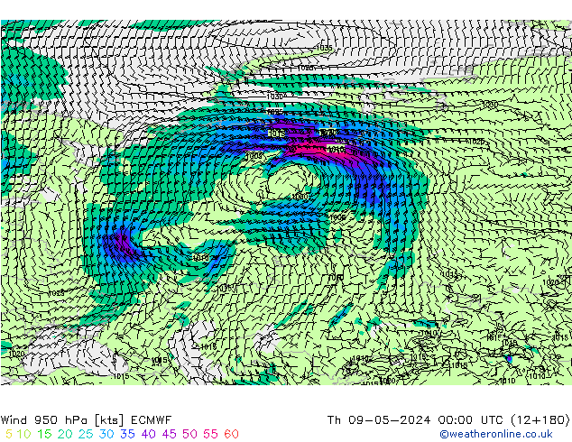 Wind 950 hPa ECMWF Th 09.05.2024 00 UTC