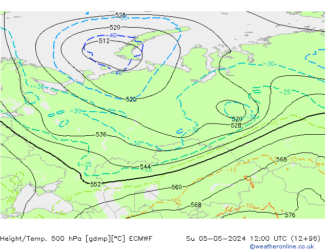 Z500/Rain (+SLP)/Z850 ECMWF Su 05.05.2024 12 UTC