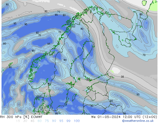 RH 300 hPa ECMWF mer 01.05.2024 12 UTC