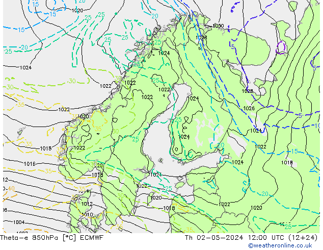 Theta-e 850hPa ECMWF Th 02.05.2024 12 UTC